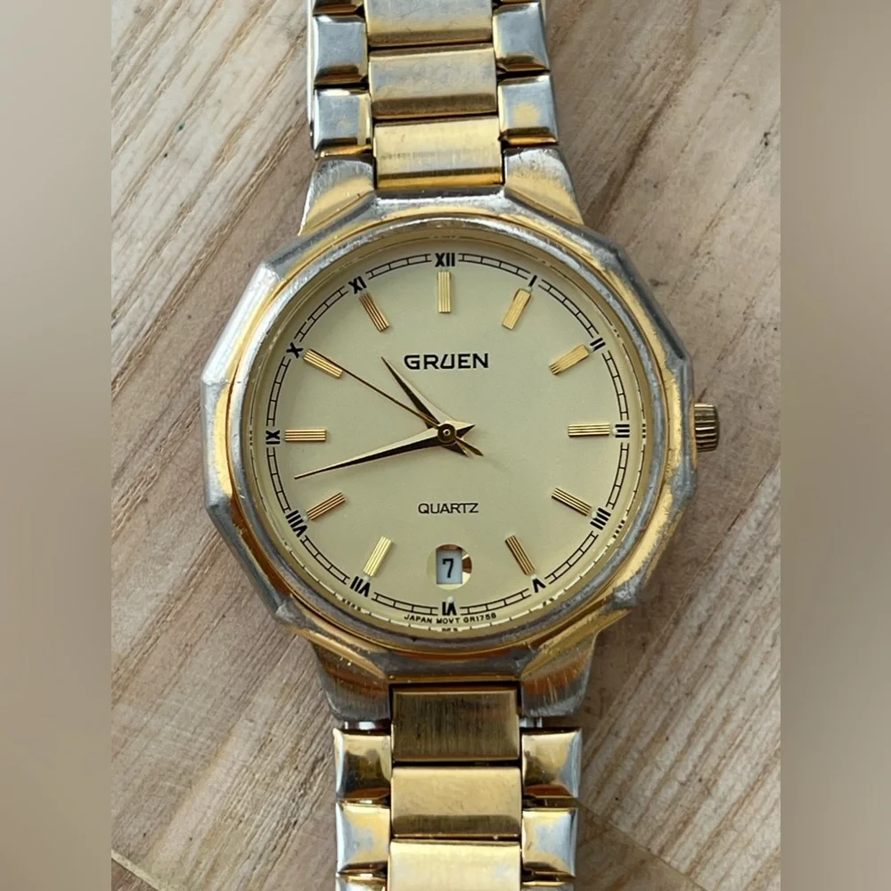 Gruen Vintage Men’s Watch Gold-Tone Dial Bracelet Hands Markers Date Window